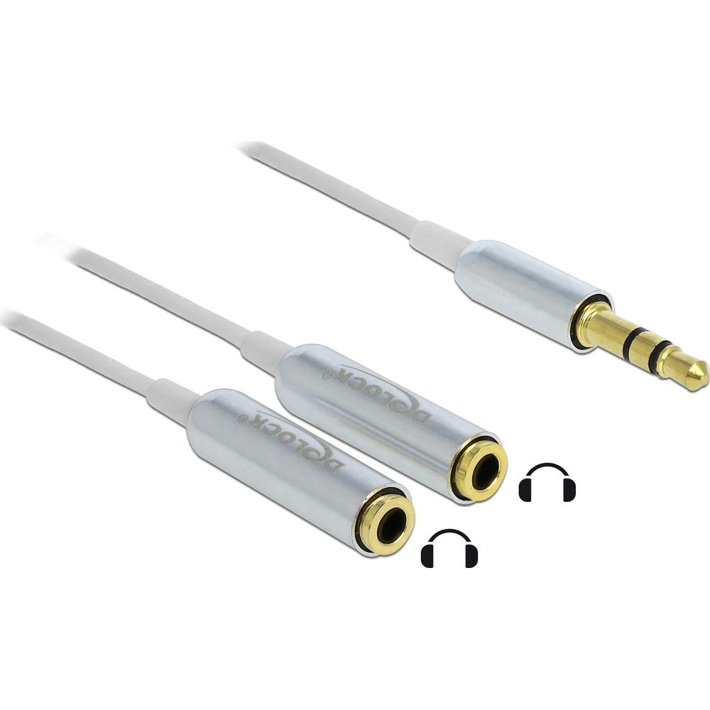Silver 3.5mm audio adapter with one male plug and two female jacks.
