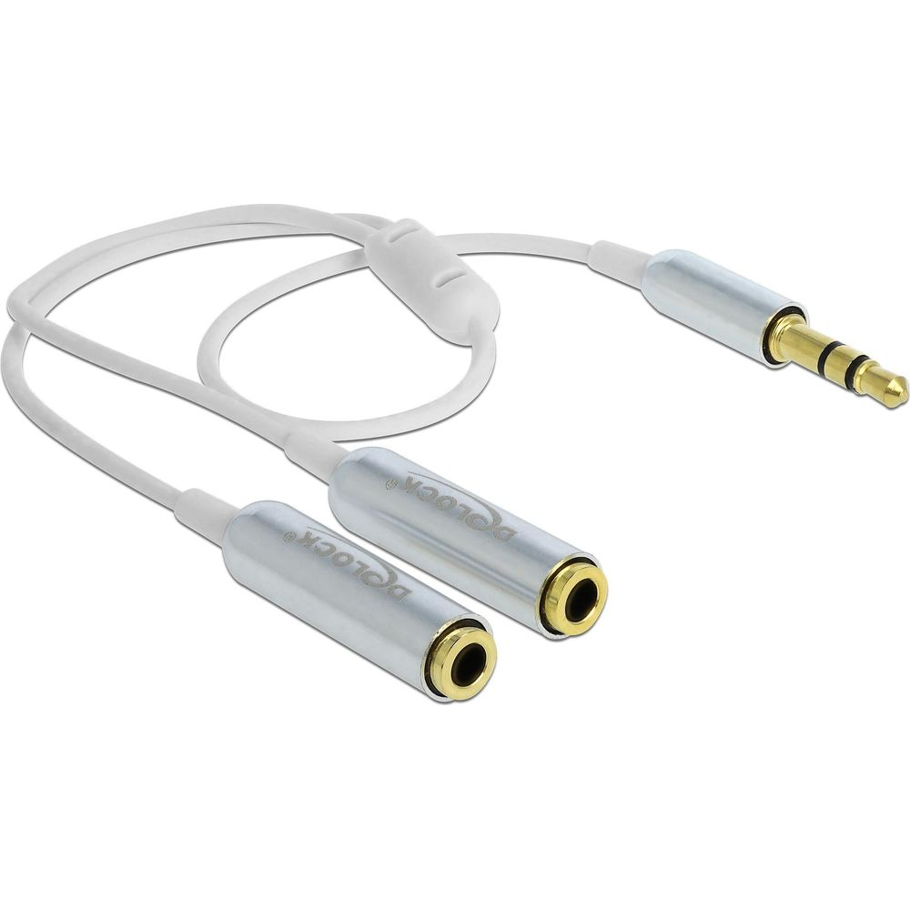 A white audio cable with one plug and two sockets.