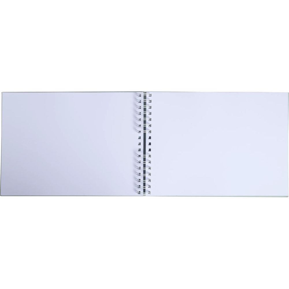 Un cuaderno abierto con páginas blancas y espiral plateada.