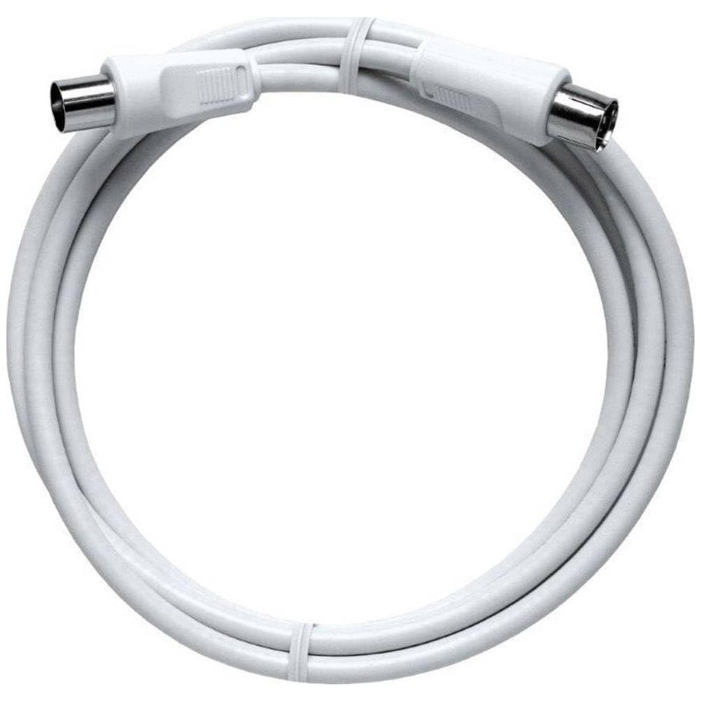 Ein weißes Kabel mit zwei koaxialen Steckern, aufgerollt.