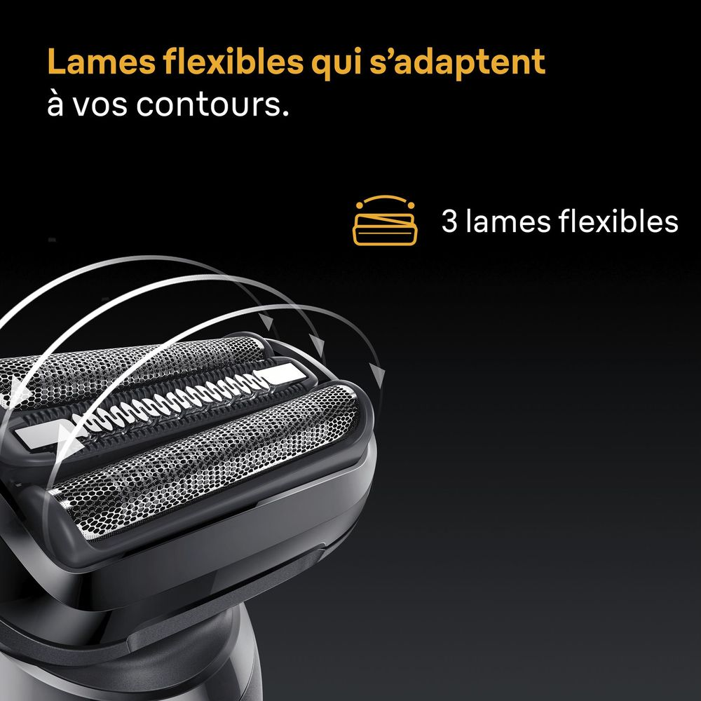 Trois lames flexibles de rasoir s'adaptant aux contours. Flèches indiquent le mouvement.