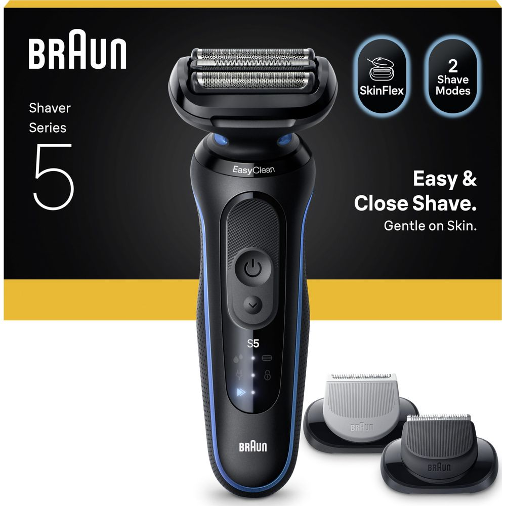 Rasoir Braun Série 5 avec deux têtes de rasage et base de chargement.