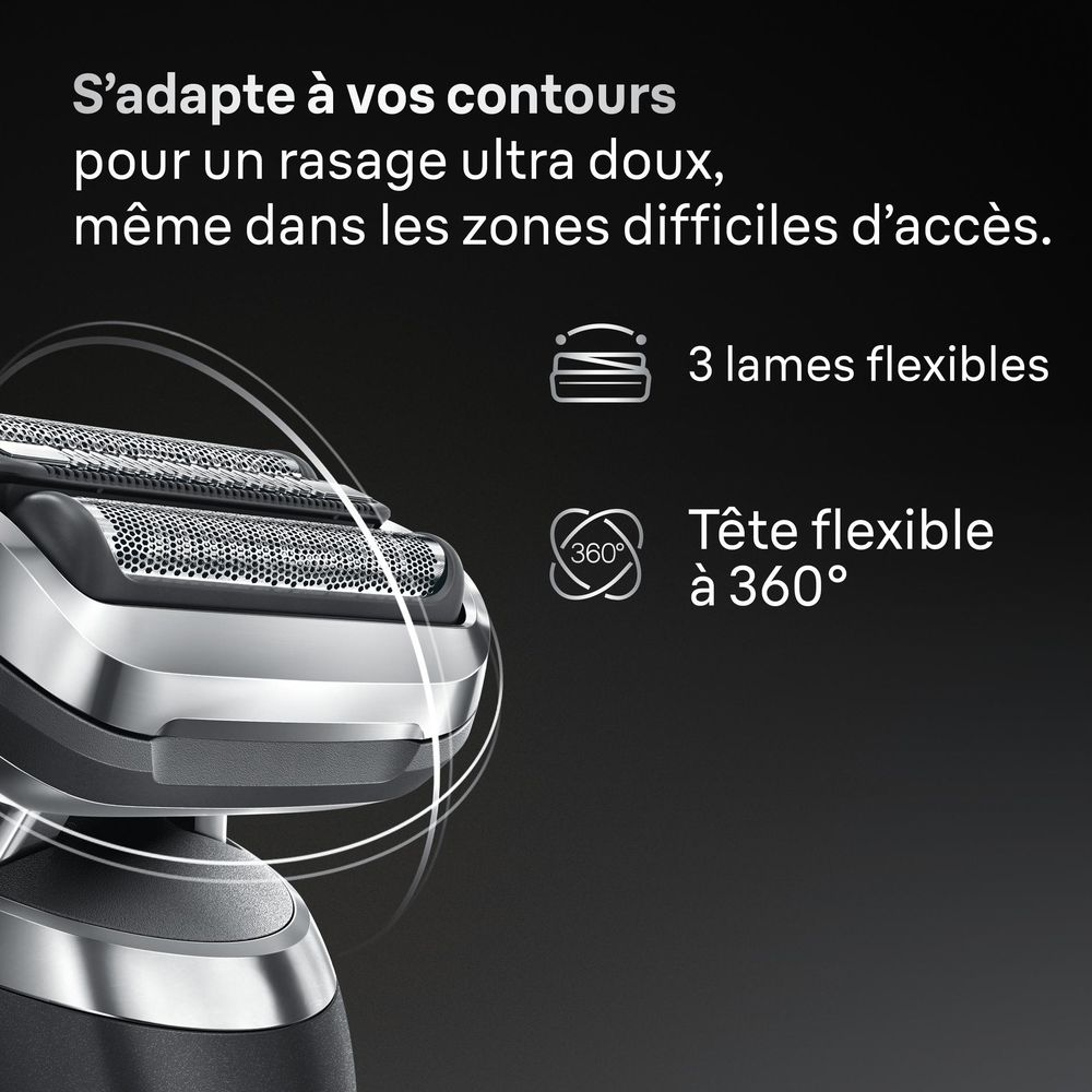 Rasoir électrique gris avec lames flexibles et tête à 360°.