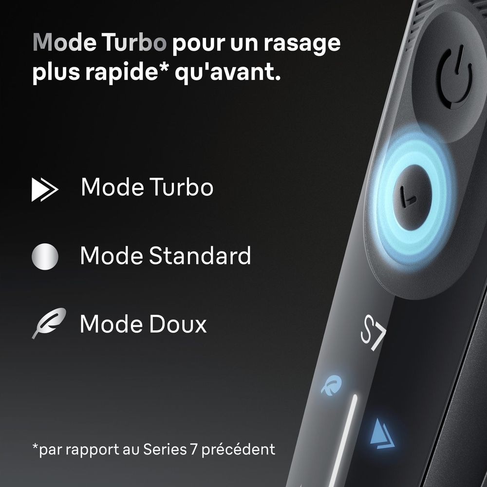 Un rasoir électrique noir avec trois modes : Turbo, Standard et Doux.