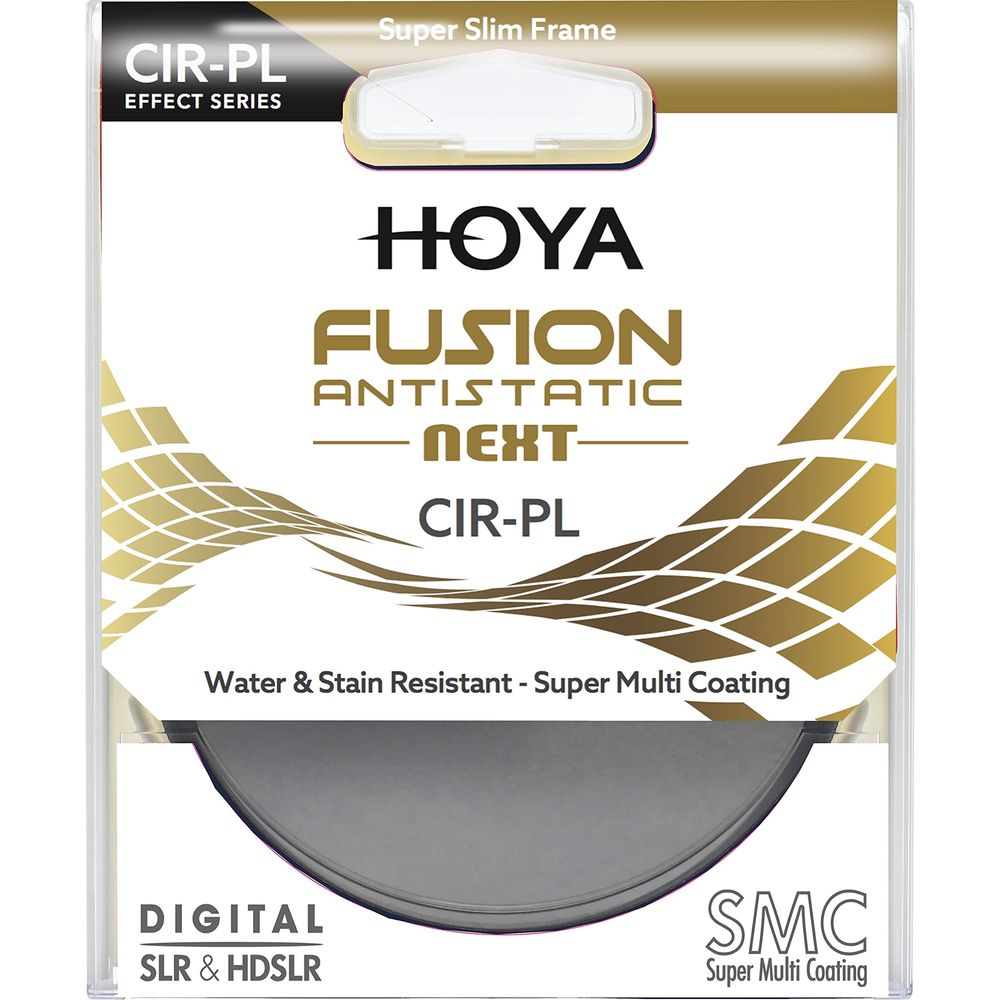 Hoya Fusion Antistatic Next CIR-PL Objektivfilter-Verpackung mit detailliertem Text und Grafiken.
