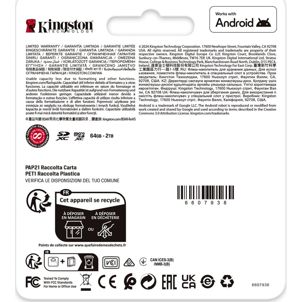 Logo Kingston, logo Android, informacje o gwarancji, specyfikacje i symbole recyklingu.