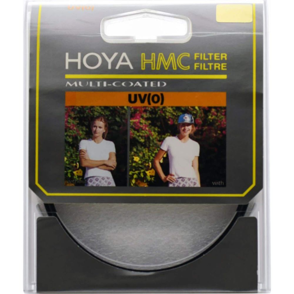 Hoya UV(0) Filter-Verpackung mit zwei Frauenbildern und einem Filter im unteren Teil.