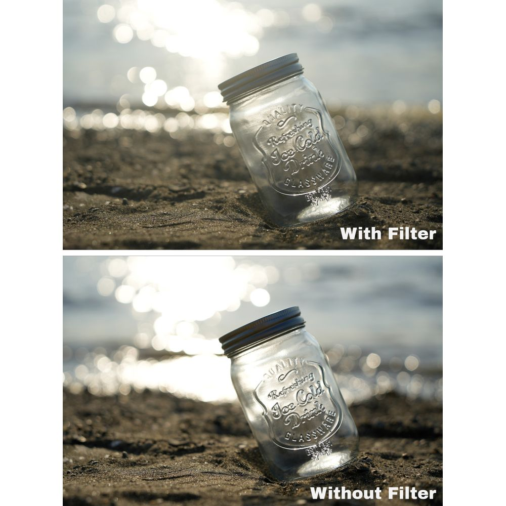 Zwei Bilder eines Glasbehälters auf Sand. Oben: Mit Filter. Unten: Ohne Filter.