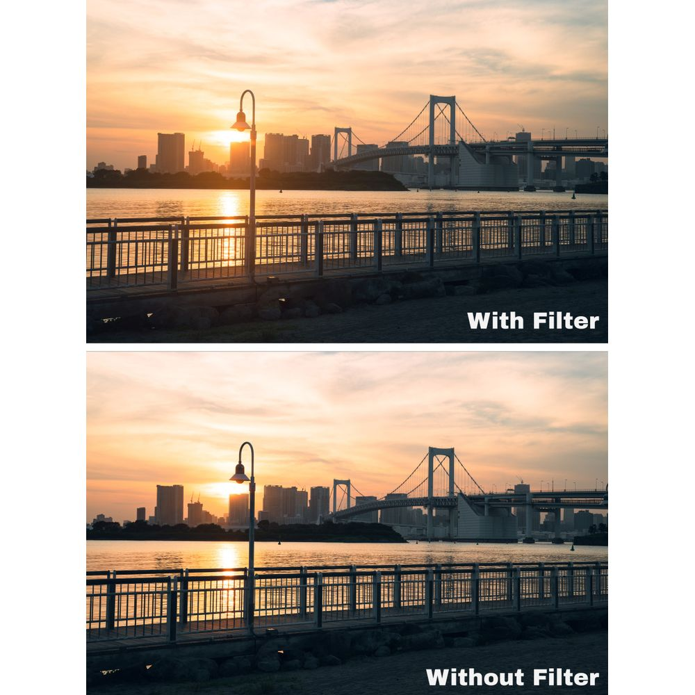 Sonnenuntergang über einer Stadt mit Brücke und Laterne, mit und ohne Filter.