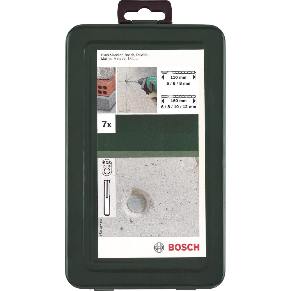 Bosch SDS Plus Bohrer-Set in grüner Aufbewahrungsbox, mit Größenangaben.