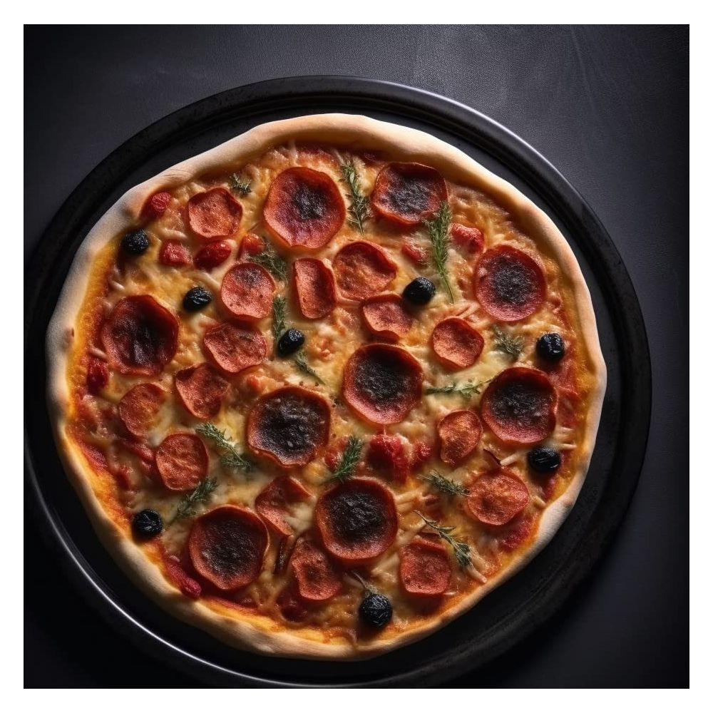 Eine Pepperoni-Pizza mit schwarzen Oliven und Kräutern auf einem schwarzen Teller.