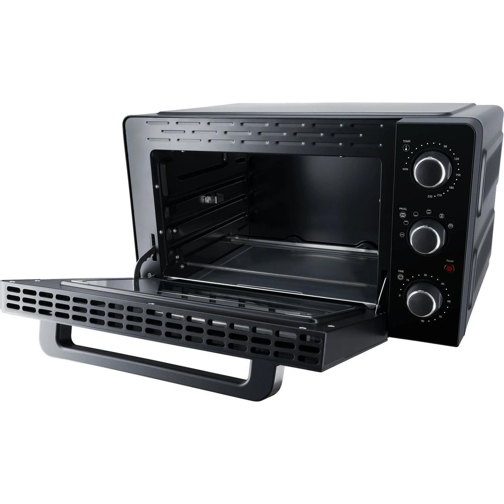 Ein schwarzer Tischbackofen mit geöffneter Tür und sichtbarem Rost.