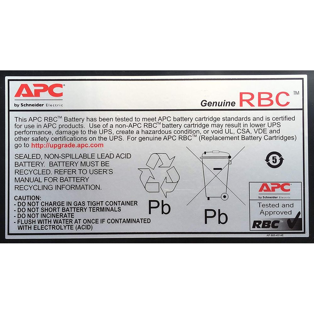 Etichetta batteria APC RBC con avvertenze e simboli di riciclo.