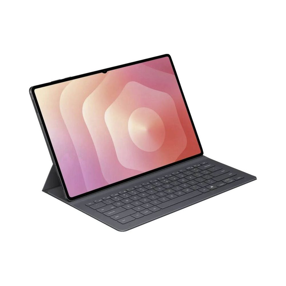 Ciemny tablet z podłączoną klawiaturą na białym tle.