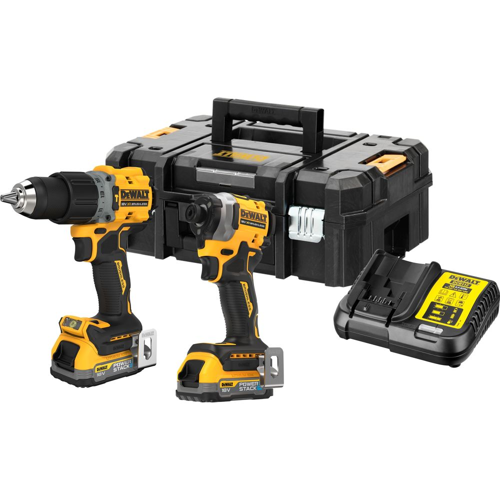 Zwei gelbe und schwarze DeWalt Bohrer/Schrauber, ein Koffer und ein Ladegerät.