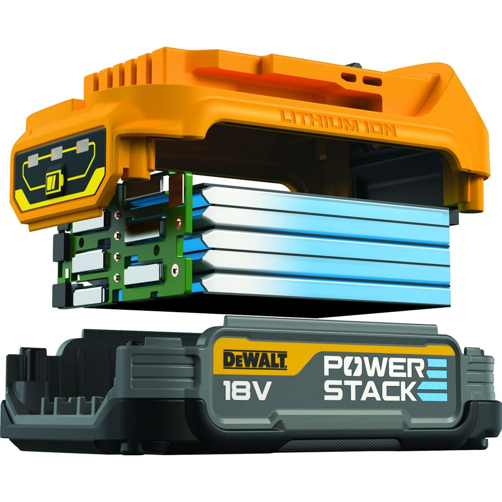 Zerlegter DeWalt 18V Power Stack Akku mit Lithium-Ionen-Zellen.
