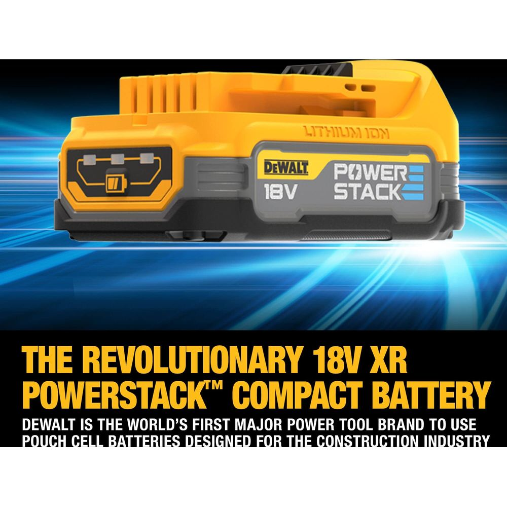 Gelbe und graue DeWalt 18V Powerstack Batterie mit blauen Lichtstrahlen im Hintergrund.