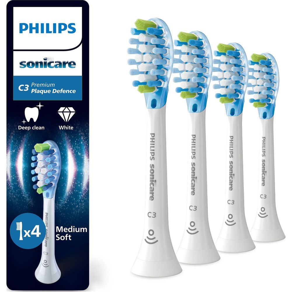 Four Philips Sonicare C3 Premium toothbrush heads with blue and green bristles.
