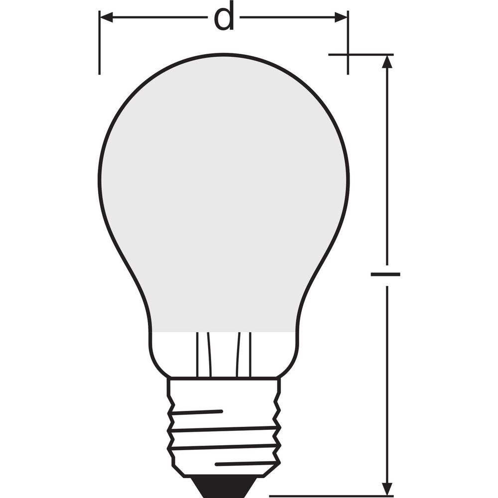 Rysunek techniczny żarówki z wymiarami d i wysokością.