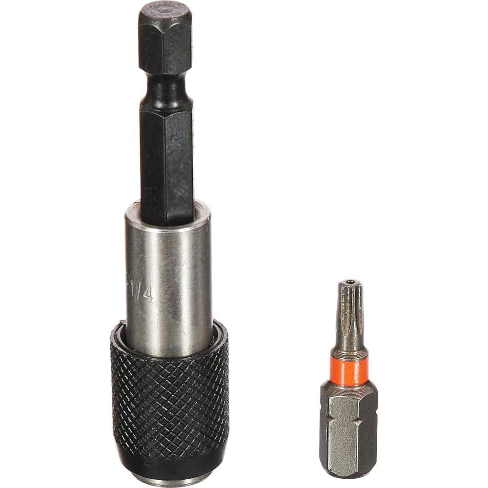 Ein schwarzer Sechskantschaft-Bit in einem metallischen Bithalter. Daneben ein kleiner Torx-Bit mit orangefarbenem Ring.