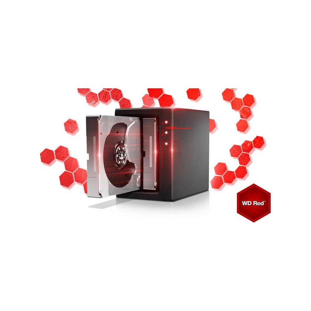 Obudowa NAS z wysuniętym dyskiem, otoczona czerwonymi sześciokątami.