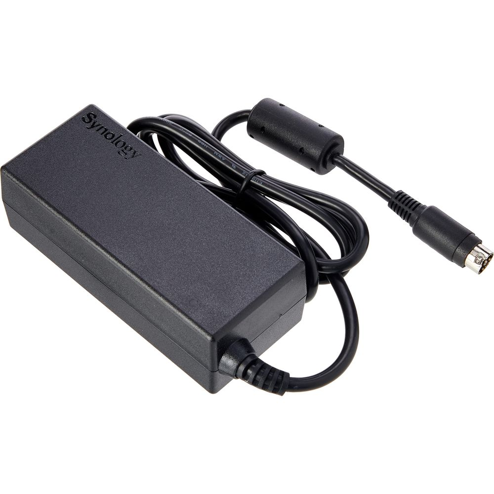 Black Synology power adapter with cable and connector on a white background.