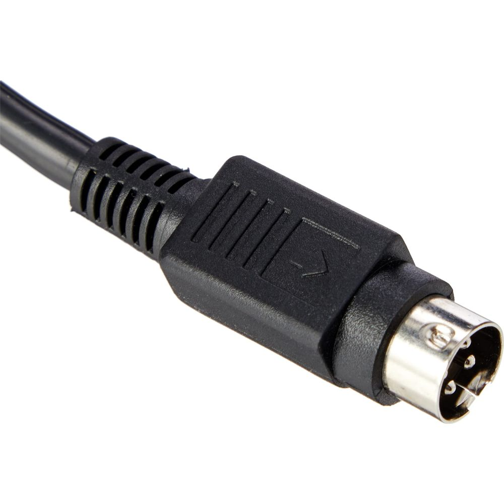 Black cable with a round plug and metal pins, close-up.