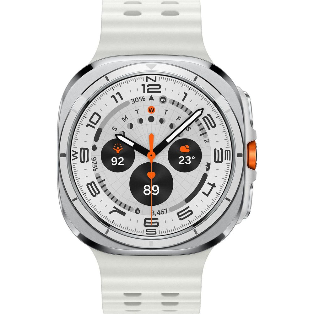 Uno smartwatch bianco con cassa argentata e corona arancione.