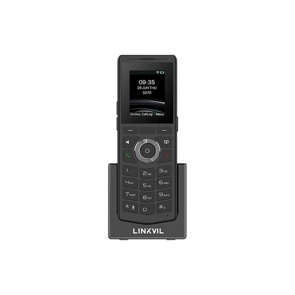 Czarny telefon bezprzewodowy z klawiaturą i ekranem na stacji ładującej.