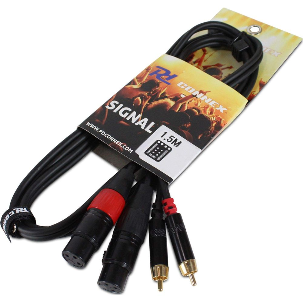 Cable de audio negro con conectores XLR y RCA, 1,5 metros.