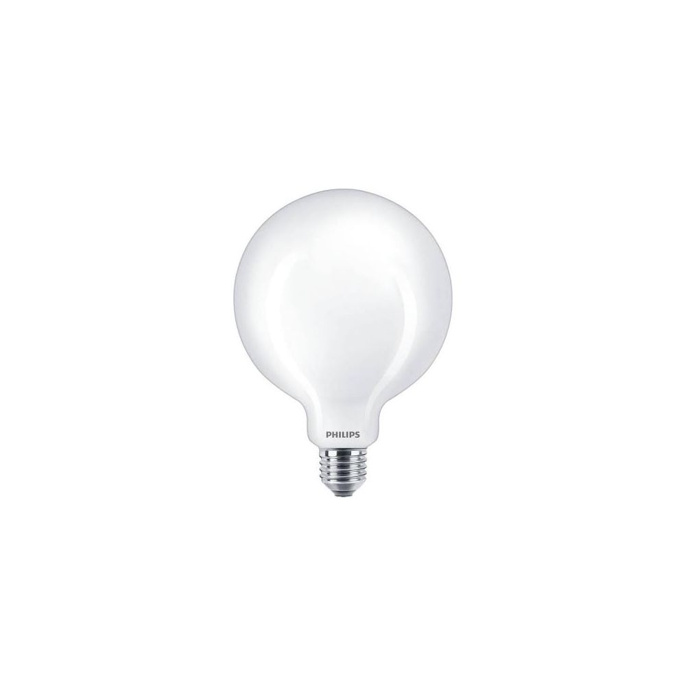 Eine weiße Philips-Glühbirne mit E27-Sockel auf weißem Hintergrund.