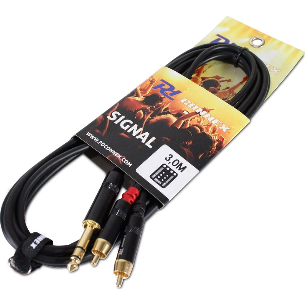 Un cable de audio negro de 3,0 m con varios conectores y embalaje.