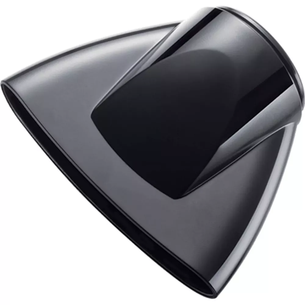 Błyszcząca, czarna dysza suszarki do włosów z płaskim, szerokim otworem.