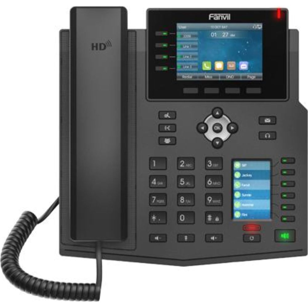 Ein schwarzes Tischtelefon mit HD-Logo, Touchscreen und Tastatur.