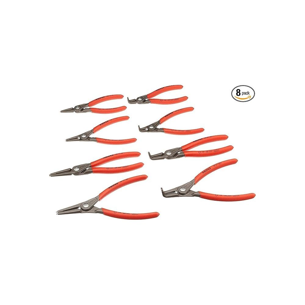 Osiem narzędzi z czerwonymi rękojeściami na białym tle.