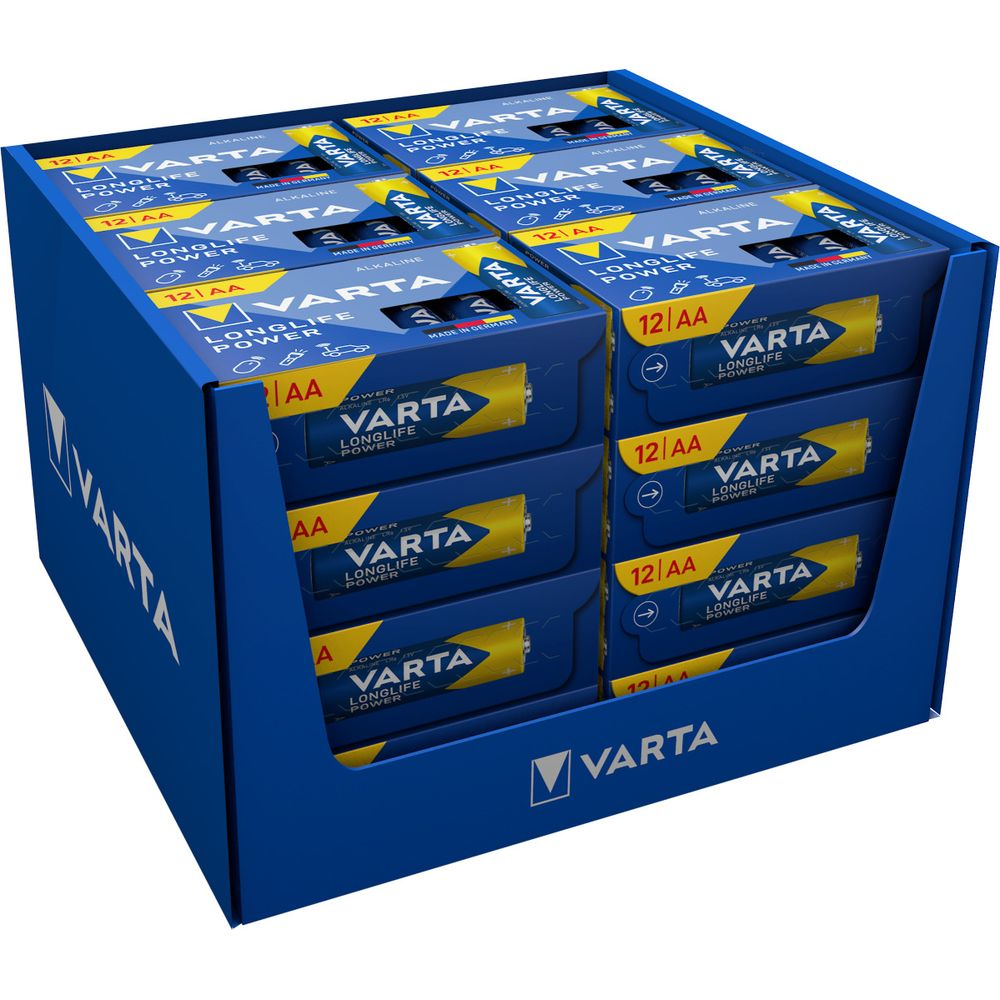 A blue display box filled with Varta AA batteries, packaged in 12s.