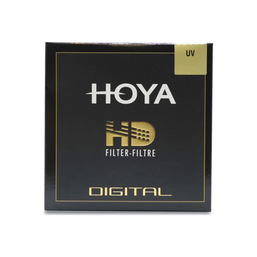 Schwarze Hoya HD Digital UV Filter-Box mit goldenen Akzenten und Schriftzug.