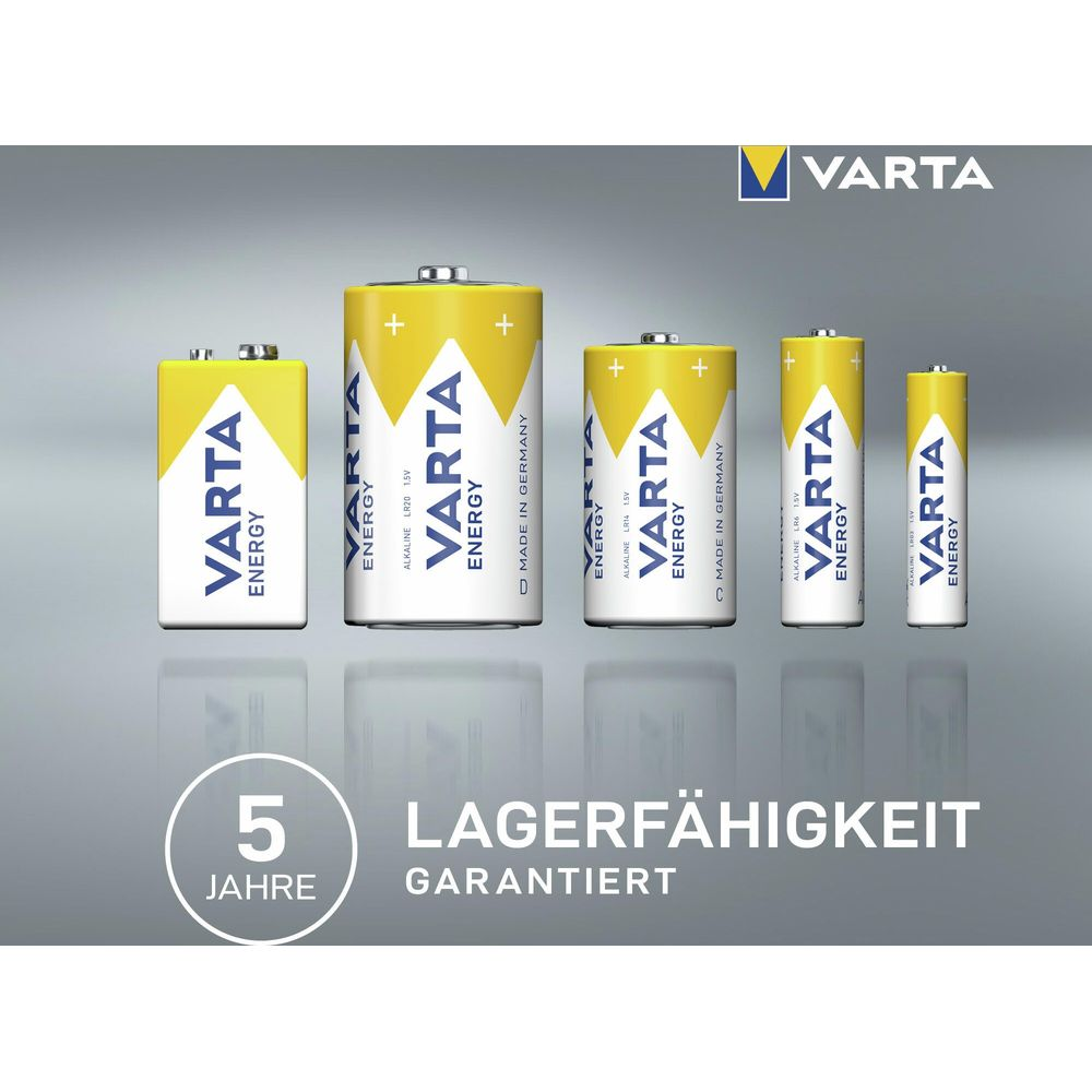 Varta batterijen in diverse maten met Varta logo en opschrift.