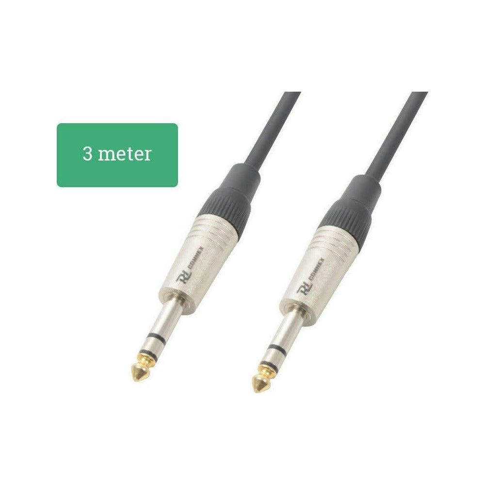 Dos conectores jack plateados de 6,35 mm con cable negro y etiqueta verde de 3 metros.