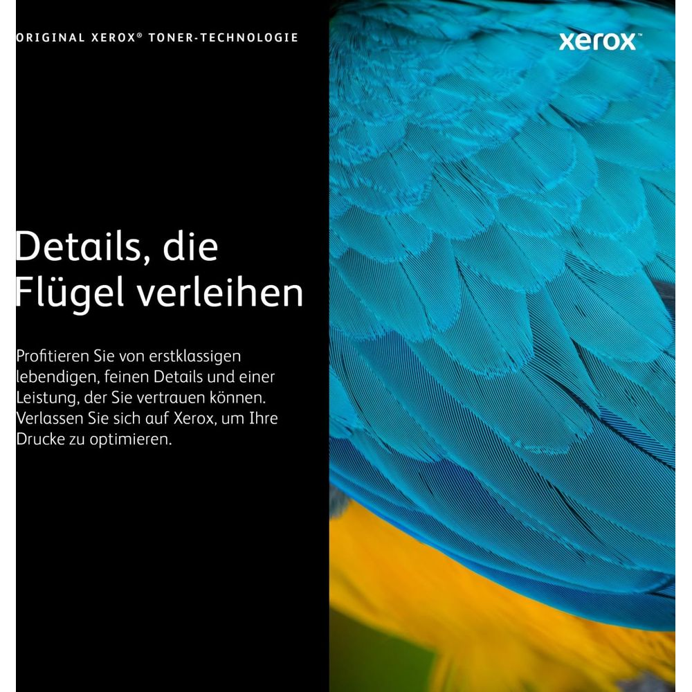 Niebieski i żółty ptak z tekstem o technologii druku Xerox po lewej stronie.