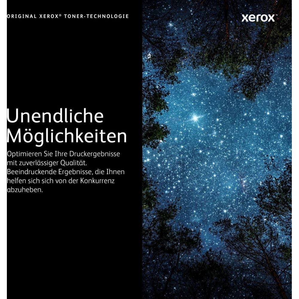 Logo Xerox nad gwieździstym niebem i tekst 'Nieskończone możliwości'.