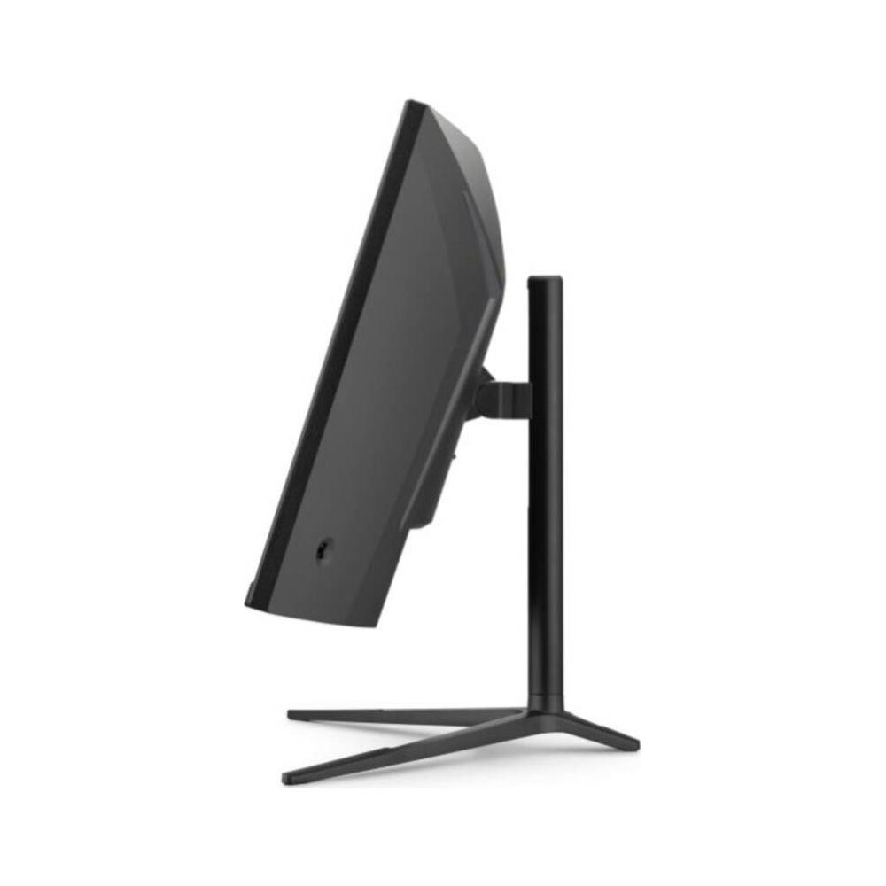 Ein schwarzer Computermonitor mit einem schlanken Standfuß auf weißem Hintergrund.