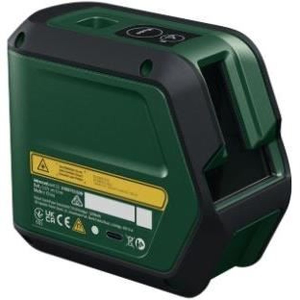 Dispositivo livella laser verde con accenti neri e adesivi di avvertenza.