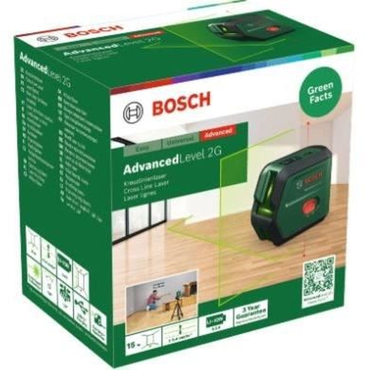 Confezione di livella laser verde Bosch AdvancedLevel 2G con dispositivo mostrato.