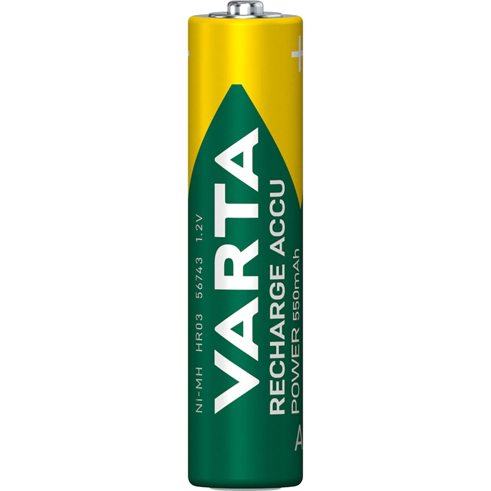Een Varta AAA batterij met geel en groen design, 1,2V, 550mAh.