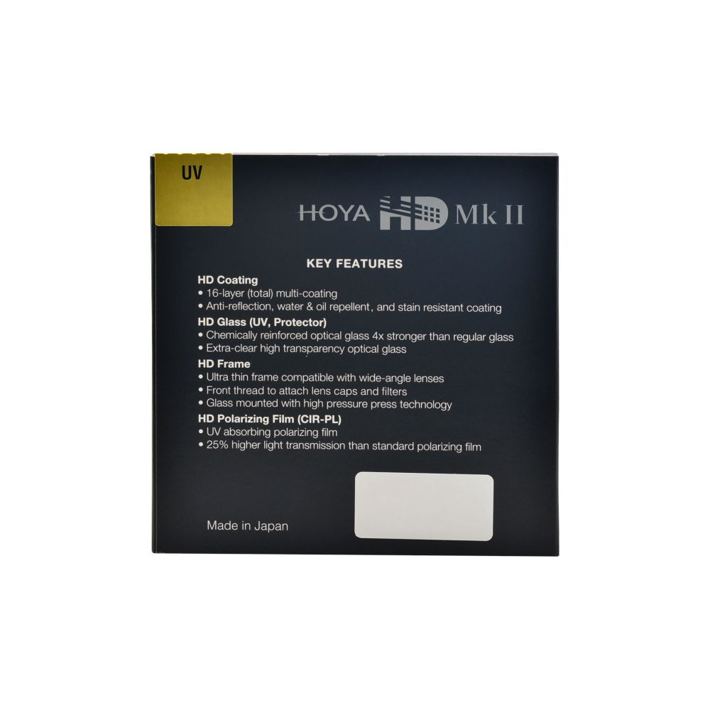 Verpackung für HOYA HD Mk II Objektivfilter mit UV- und Polarisationsmerkmalen.