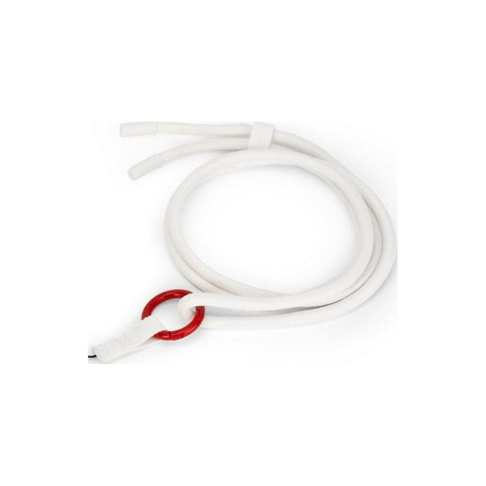 Un cordone bianco con un anello rosso, su sfondo bianco.