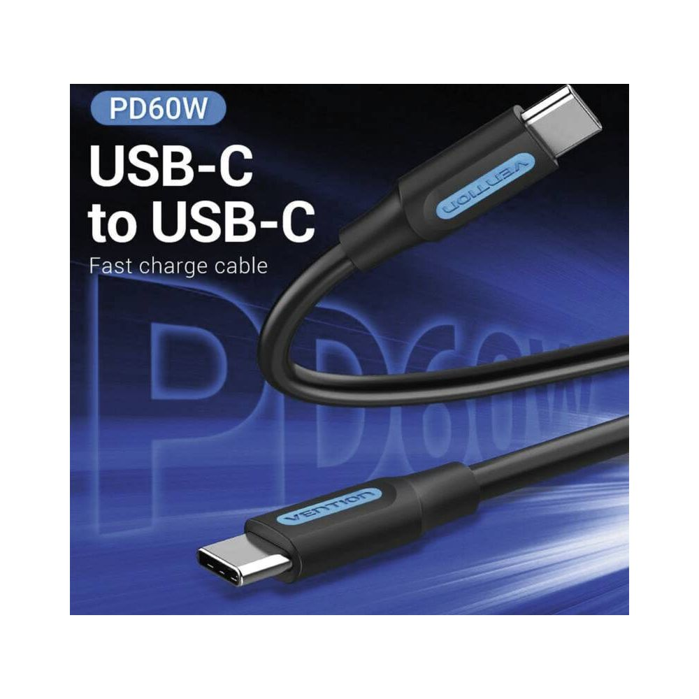 Un cavo di ricarica rapida da USB-C a USB-C nero con scritte blu.