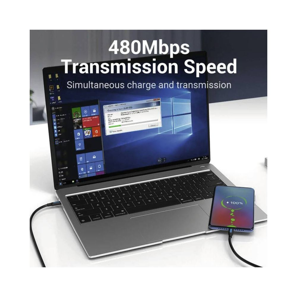 Laptop e telefono collegati via cavo, mostrando 480Mbps di velocità e ricarica.