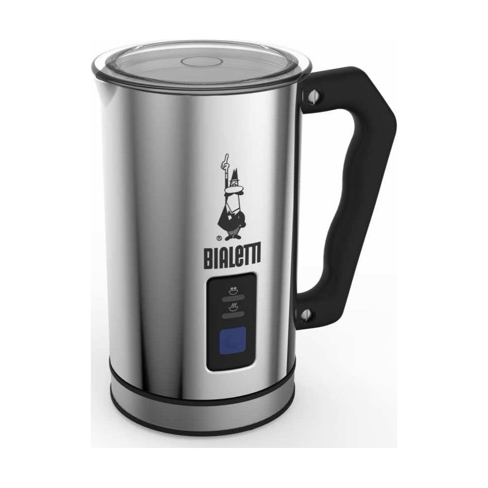 Spieniacz do mleka ze stali nierdzewnej z czarnym uchwytem i logo Bialetti.